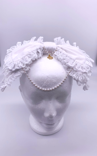 White with pearl chain and cross Three Tiered Handmade Lolita Bows tea party bow gothic headdress