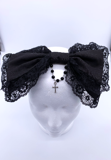 Black with pearl chain and cross Three Tiered Handmade Lolita Bows tea party bow gothic headdress