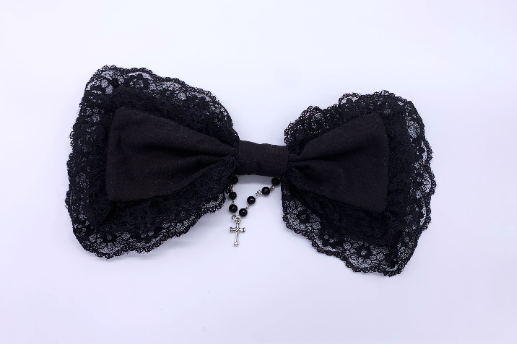 Black with pearl chain and cross Three Tiered Handmade Lolita Bows tea party bow gothic headdress